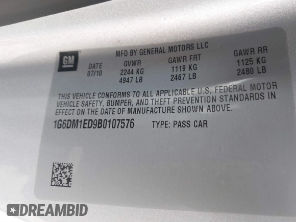 2011 Cadillac CTS with VIN 1G6DM1ED9B0107576, listed as a IAAI auction lot 41638569 with 91,670 mi miles and . Bid and sale history available at DreamBid. Image 9.