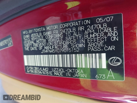 2007 Lexus SC 430 with VIN JTHFN45Y079015152, listed as a IAAI auction lot 40929966 with 70,618 mi miles and . Bid and sale history available at DreamBid. Image 9.