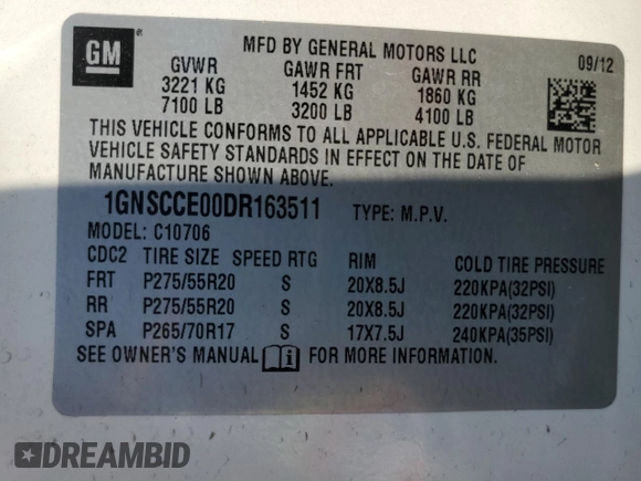 2013 Chevrolet Tahoe LTZ with VIN 1GNSCCE00DR163511, listed as a Copart auction lot 85811144 with Not provided miles and Salvage title. Bid and sale history available at DreamBid. Image 14.
