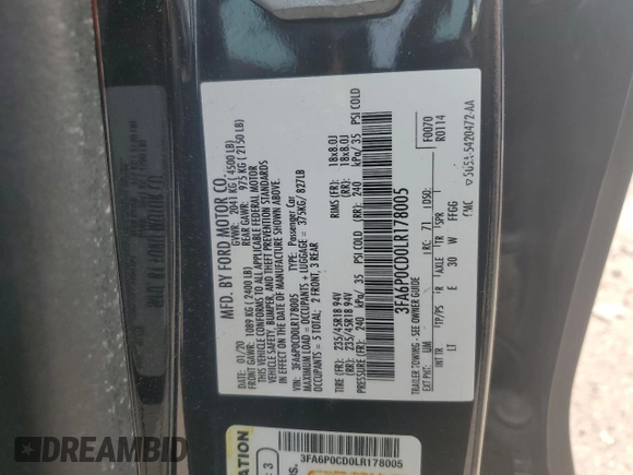 2020 Ford Fusion SEL with VIN 3FA6P0CD0LR178005, listed as a Copart auction lot 59169515 with 66,995 mi miles and Salvage title. Bid and sale history available at DreamBid. Image 12.