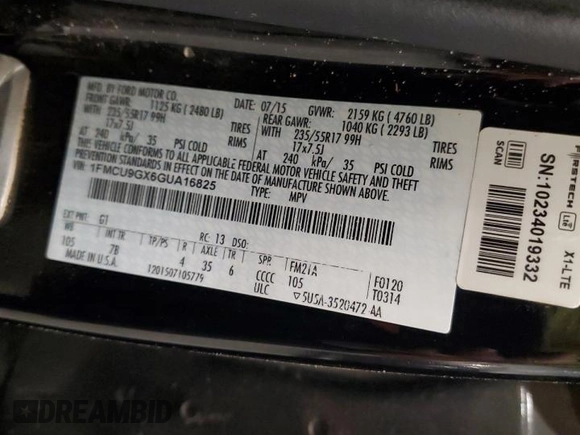 2016 Ford Escape SE with VIN 1FMCU9GX6GUA16825, listed as a Copart auction lot 48536825 with 153,053 mi miles and Salvage Title. Bid and sale history available at DreamBid. Image 14.
