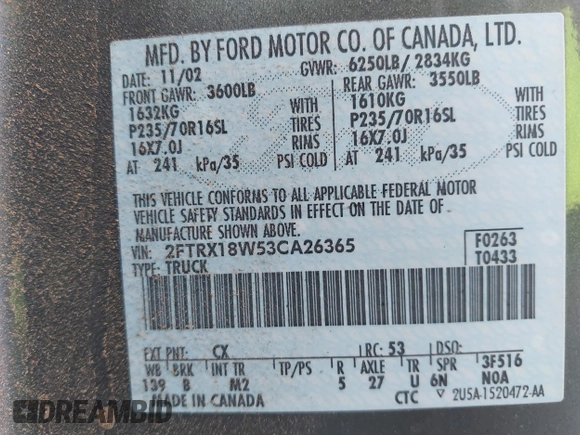 2003 Ford F-150 XL с VIN 2FTRX18W53CA26365, выставлен на аукционе IAAI как лот 42404060 с пробегом 146 023 миль миль и . История ставок и продаж доступна на DreamBid. Изображение 9.