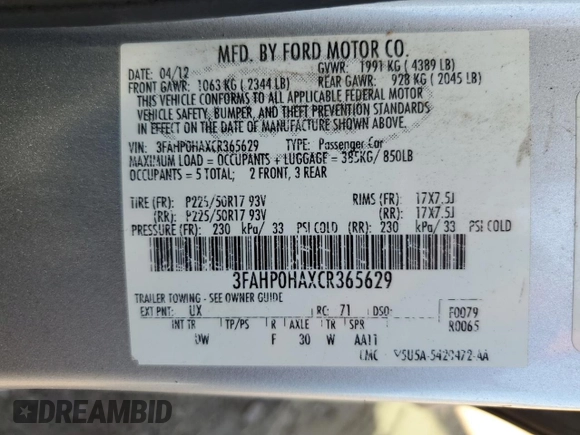 2012 Ford Fusion SE with VIN 3FAHP0HAXCR365629, listed as a Copart auction lot 56528805 with 213,362 mi miles and Clean Title. Bid and sale history available at DreamBid. Image 12.