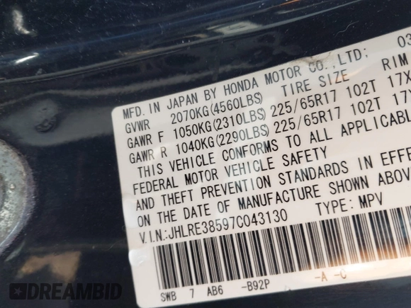2007 Honda CR-V EX с VIN JHLRE38597C043130, выставлен на аукционе IAAI как лот 41864961 с пробегом 221 227 миль миль и . История ставок и продаж доступна на DreamBid. Изображение 9.