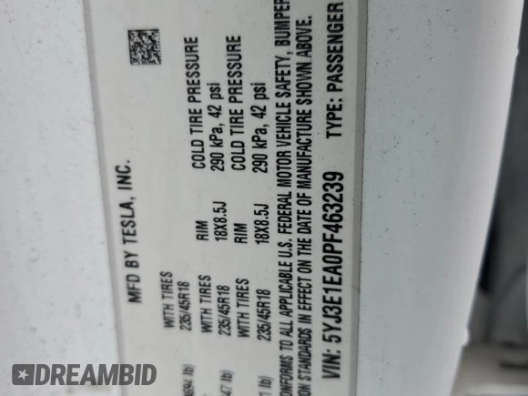 2023 Tesla Model 3 with VIN 5YJ3E1EA0PF463239, listed as a Copart auction lot 59770525 with 48,086 mi miles and Clean title. Bid and sale history available at DreamBid. Image 13.