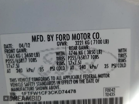 2012 Ford F-150 XL with VIN 1FTFW1CF3CKD74478, listed as a Copart auction lot 74928304 with 223,437 mi miles and Salvage Title. Bid and sale history available at carsss.com. Image 14.