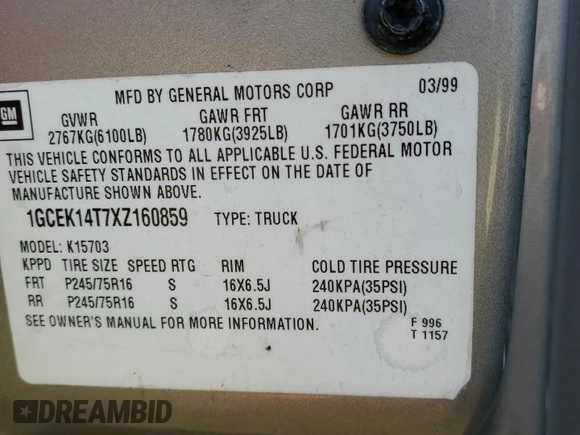 1999 Chevrolet Silverado 1500 LS with VIN 1GCEK14T7XZ160859, listed as a Copart auction lot 84849844 with 210,899 mi miles and Salvage Title. Bid and sale history available at carsss.com. Image 12.