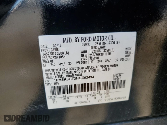 2017 Ford Explorer Sport with VIN 1FM5K8GT3HGE02494, listed as a Copart auction lot 52306555 with 106,960 mi miles and Salvage title. Bid and sale history available at DreamBid. Image 16.