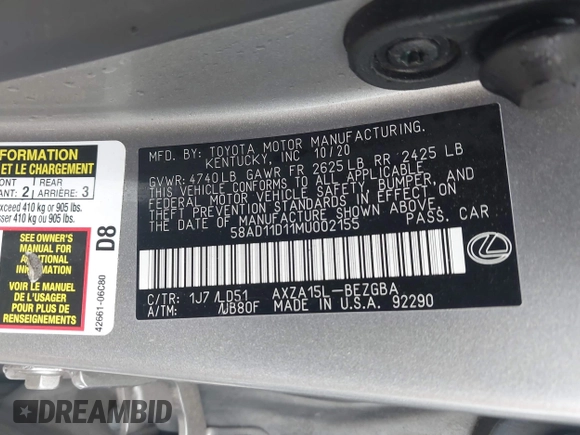 2021 Lexus ES 250 z VIN 58AD11D11MU002155, wystawiony jako IAAI lot #42186499 z przebiegiem 49 539 mil mil oraz . Historia ofert i sprzedaży dostępna na DreamBid. Obrazek 9.