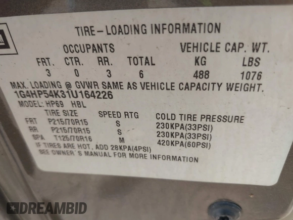 2001 Buick LeSabre Custom with VIN 1G4HP54K31U164226, listed as a IAAI auction lot 42102321 with 172,100 mi miles and . Bid and sale history available at carsss.com. Image 9.