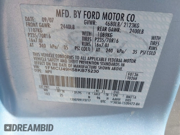 2008 Ford Escape Hybrid with VIN 1FMCU49H58KB75230, listed as a IAAI auction lot 41925742 with 204,861 mi miles and . Bid and sale history available at DreamBid. Image 9.