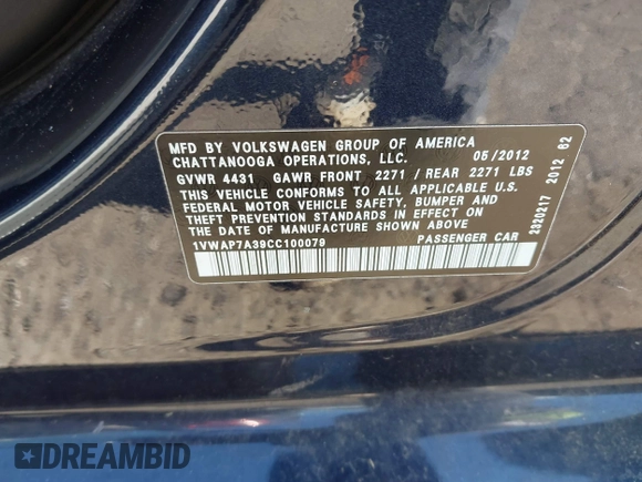 2012 Volkswagen Passat S with VIN 1VWAP7A39CC100079, listed as a IAAI auction lot 41653045 with 268,353 mi miles and . Bid and sale history available at DreamBid. Image 9.