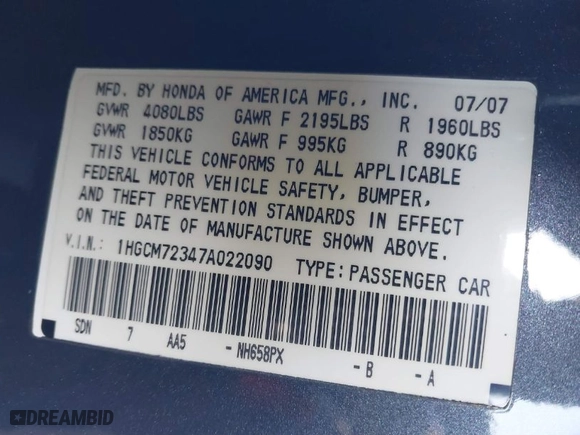 2007 Honda Accord Cpe LX with VIN 1HGCM72347A022090, listed as a IAAI auction lot 41669360 with 1 mi miles. Bid and sale history available at carsss.com. Image 9.