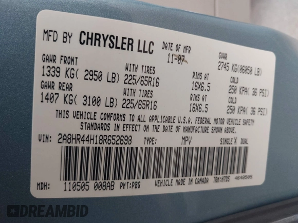 2008 Chrysler Town & Country LX with VIN 2A8HR44H18R652698, listed as a IAAI auction lot 41787323 with 199,163 mi miles. Bid and sale history available at carsss.com. Image 9.