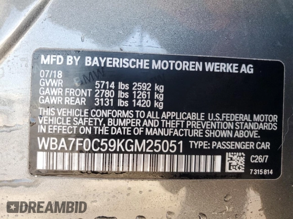 2019 BMW 7 Series 750i with VIN WBA7F0C59KGM25051, listed as a Copart auction lot 87285534 with Not Provided miles and Salvage Title. Bid and sale history available at DreamBid. Image 12.