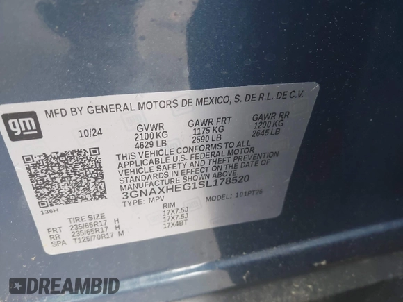 2025 Chevrolet Equinox FWD LT with VIN 3GNAXHEG1SL178520, listed as a IAAI auction lot 42148692 with 5,345 mi miles and . Bid and sale history available at DreamBid. Image 9.