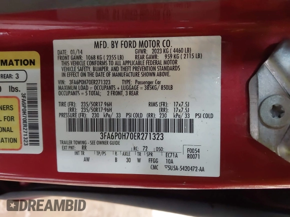 2014 Ford Fusion SE with VIN 3FA6P0H70ER271323, listed as a IAAI auction lot 41890164 with 191,234 mi miles. Bid and sale history available at carsss.com. Image 9.