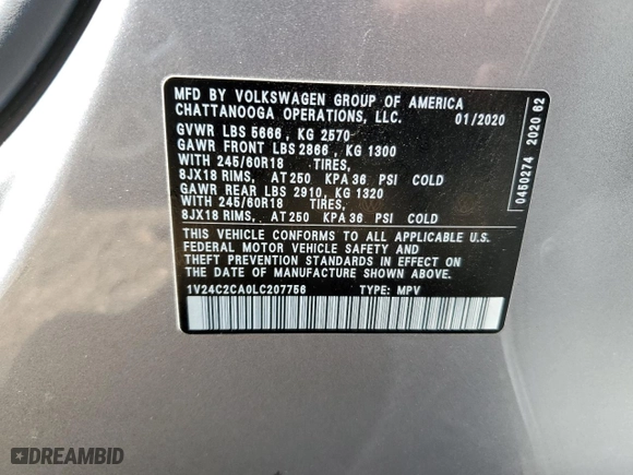 2020 Volkswagen Atlas Cross Sport 2.0T SE with VIN 1V24C2CA0LC207756, listed as a Copart auction lot 62034893 with 33,299 mi miles. Bid and sale history available at carsss.com. Image 15.