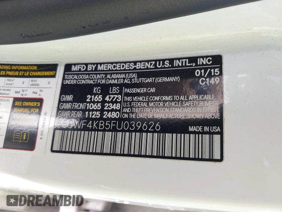 2015 Mercedes-Benz C 300 Luxury with VIN 55SWF4KB5FU039626, listed as a IAAI auction lot 41815854 with 79,311 mi miles and . Bid and sale history available at DreamBid. Image 9.