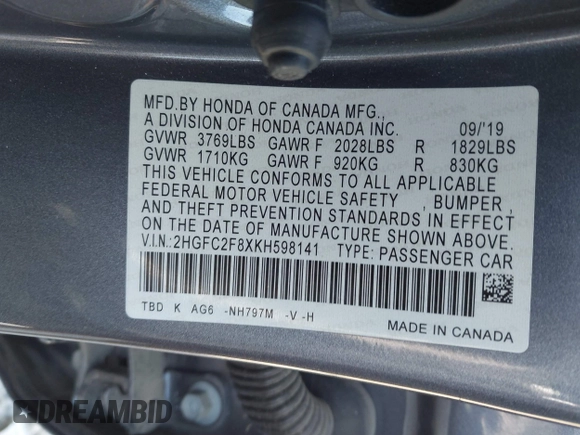 2019 Honda Civic Sport with VIN 2HGFC2F8XKH598141, listed as a IAAI auction lot 42013724 with 98,401 mi miles and . Bid and sale history available at DreamBid. Image 9.