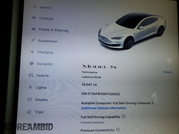 2019 Tesla Model S 100D with VIN 5YJSA1E45KF330633, listed as a Copart auction lot 49329745 with 74,047 mi miles and Salvage title. Bid and sale history available at DreamBid. Image 9.