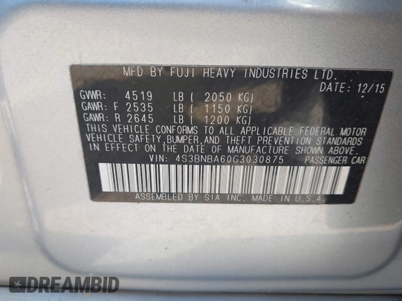 2016 Subaru Legacy 2.5i with VIN 4S3BNBA60G3030875, listed as a IAAI auction lot 42707056 with 135,399 mi miles and . Bid and sale history available at DreamBid. Image 9.
