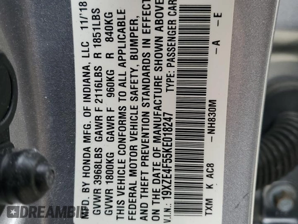 2019 Honda Insight EX with VIN 19XZE4F55KE018247, listed as a Copart auction lot 49000725 with 74,224 mi miles and Salvage Title. Bid and sale history available at carsss.com. Image 12.