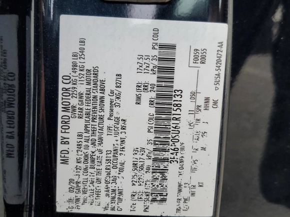 2020 Ford Fusion Plug-In Hybrid Titanium with VIN 3FA6P0SU6LR158133, listed as a Copart auction lot 56468884 with 57,585 mi miles. Bid and sale history available at carsss.com. Image 12.
