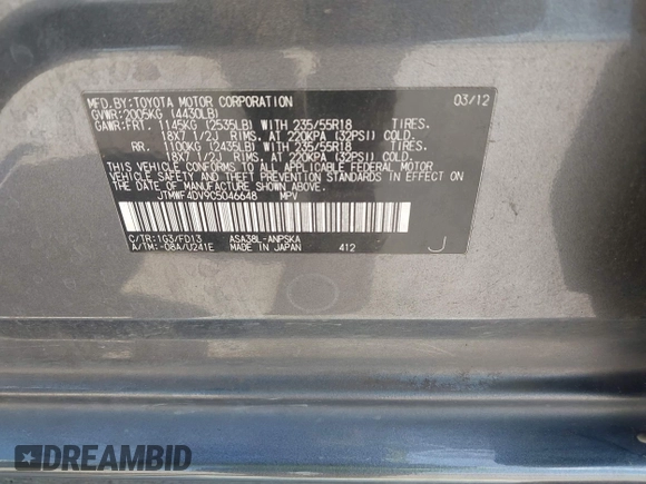 2012 Toyota RAV4 Sport with VIN JTMWF4DV9C5046648, listed as a IAAI auction lot 42509426 with 159,005 mi miles and . Bid and sale history available at DreamBid. Image 9.