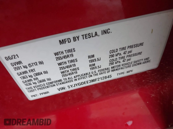 2021 Tesla Model Y Long Range with VIN 5YJYGDEE3MF212845, listed as a IAAI auction lot 41864260 with 43,451 mi miles. Bid and sale history available at carsss.com. Image 9.