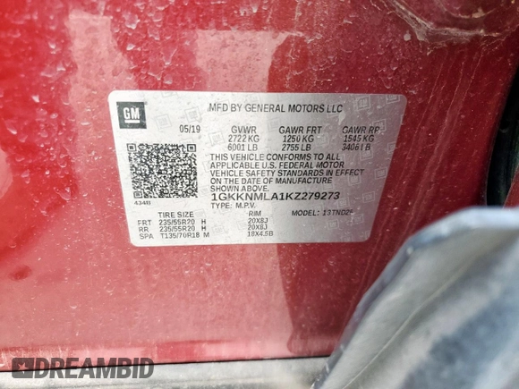 2019 GMC Acadia SLT с VIN 1GKKNMLA1KZ279273, выставлен на аукционе Copart как лот 57599945 с пробегом 103 103 миль миль и Чистый • Clean title. История ставок и продаж доступна на DreamBid. Изображение 13.