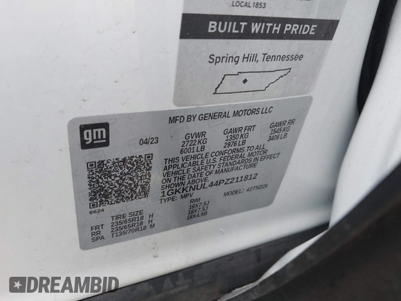 2023 GMC Acadia SLT with VIN 1GKKNUL44PZ211812, listed as a IAAI auction lot 42471197 with 41,301 mi miles and . Bid and sale history available at DreamBid. Image 9.