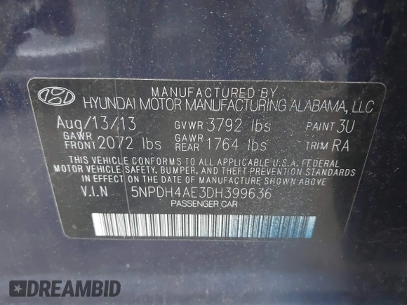 2013 Hyundai Elantra Limited с VIN 5NPDH4AE3DH399636, выставлен на аукционе IAAI как лот 41869661 с пробегом 130 132 миль миль и . История ставок и продаж доступна на DreamBid. Изображение 9.