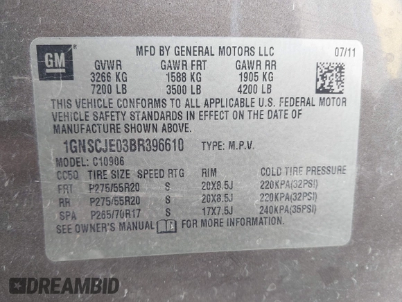 2011 Chevrolet Suburban LT with VIN 1GNSCJE03BR396610, listed as a IAAI auction lot 42348029 with 249,280 mi miles and . Bid and sale history available at DreamBid. Image 9.
