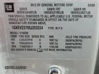 2008 GMC Acadia SLT1 z VIN 1GKEV23788J250334, wystawiony jako Copart lot #54162695 z przebiegiem 216 833 mil mil oraz Szkoda całkowita • Salvage title. Historia ofert i sprzedaży dostępna na DreamBid. Obrazek 14.