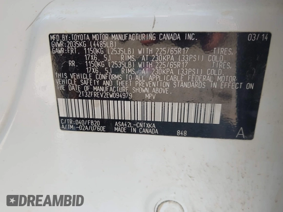 2014 Toyota RAV4 LE с VIN 2T3ZFREV2EW094979, выставлен на аукционе IAAI как лот 42355292 с пробегом 188 970 миль миль и . История ставок и продаж доступна на DreamBid. Изображение 9.