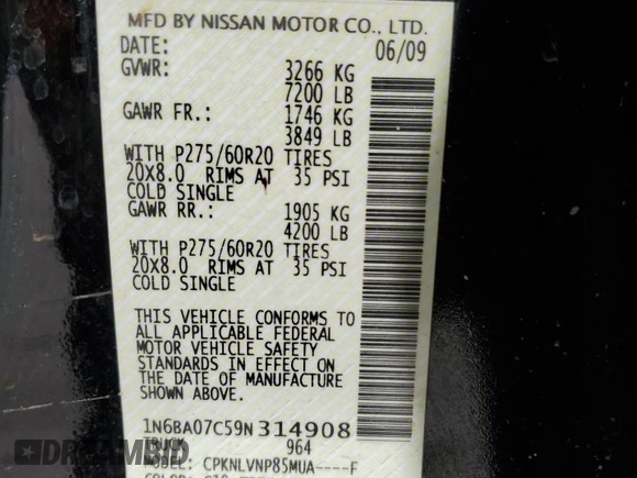 2009 Nissan Titan LE with VIN 1N6BA07C59N314908, listed as a Copart auction lot 58849325 with Not provided miles and Salvage title. Bid and sale history available at DreamBid. Image 12.