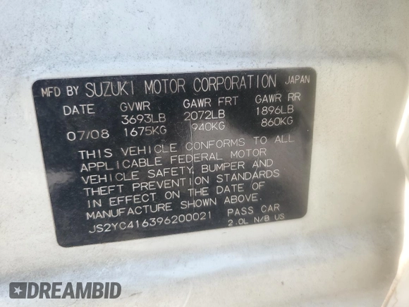 2009 Suzuki SX4 z VIN JS2YC416396200021, wystawiony jako Copart lot #56676075 z przebiegiem 150 981 mil mil oraz Szkoda całkowita • Salvage title. Historia ofert i sprzedaży dostępna na DreamBid. Obrazek 12.