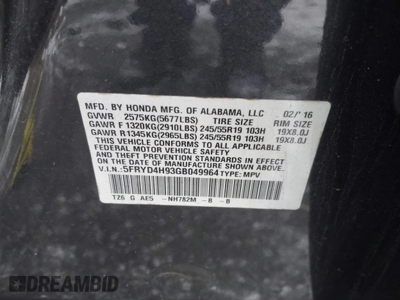 2016 Acura MDX w/Advance with VIN 5FRYD4H93GB049964, listed as a IAAI auction lot 41579286 with 67,898 mi miles. Bid and sale history available at carsss.com. Image 9.