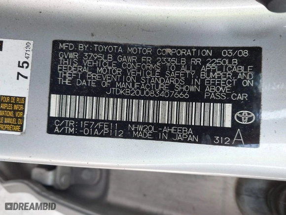 2008 Toyota Prius with VIN JTDKB20U083407666, listed as a IAAI auction lot 42060119 with 1 mi miles. Bid and sale history available at carsss.com. Image 9.