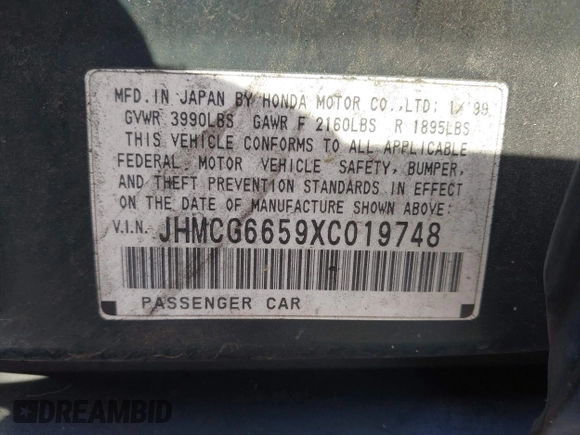 1999 Honda Accord LX with VIN JHMCG6659XC019748, listed as a IAAI auction lot 42141554 with 331,904 mi miles and . Bid and sale history available at DreamBid. Image 9.