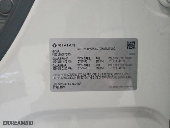 2023 Rivian R1S Adventure with VIN 7PDSGABAXPN021962, listed as a Copart auction lot 66184454 with 0 mi miles and Salvage Title. Bid and sale history available at carsss.com. Image 14.