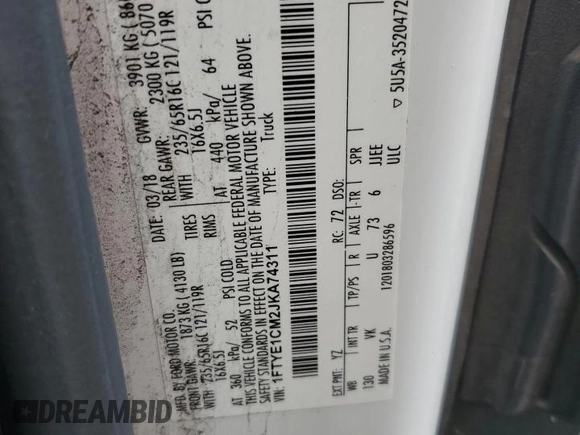 2018 Ford Transit with VIN 1FTYE1CM2JKA74311, listed as a Copart auction lot 73213294 with 94,924 mi miles and Salvage Title. Bid and sale history available at DreamBid. Image 13.