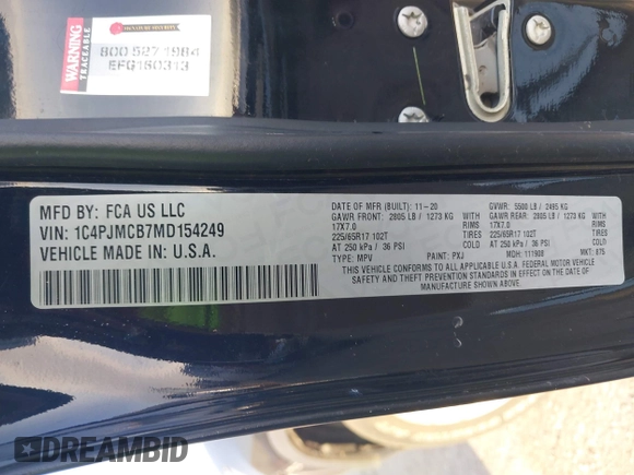 2021 Jeep Cherokee Latitude z VIN 1C4PJMCB7MD154249, wystawiony jako IAAI lot #42439729 z przebiegiem 49 152 mil mil oraz . Historia ofert i sprzedaży dostępna na DreamBid. Obrazek 9.