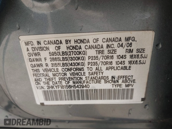 2006 Honda Pilot LX with VIN 2HKYF18156H542940, listed as a IAAI auction lot 41653949 with 152,321 mi miles and . Bid and sale history available at DreamBid. Image 9.