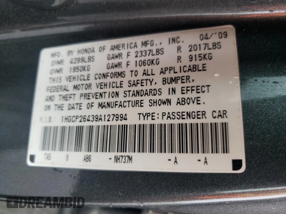 2009 Honda Accord LX-P z VIN 1HGCP26439A127994, wystawiony jako Copart lot #59372355 z przebiegiem 175 343 mil mil oraz Czysty tytuł • Clean title. Historia ofert i sprzedaży dostępna na DreamBid. Obrazek 12.