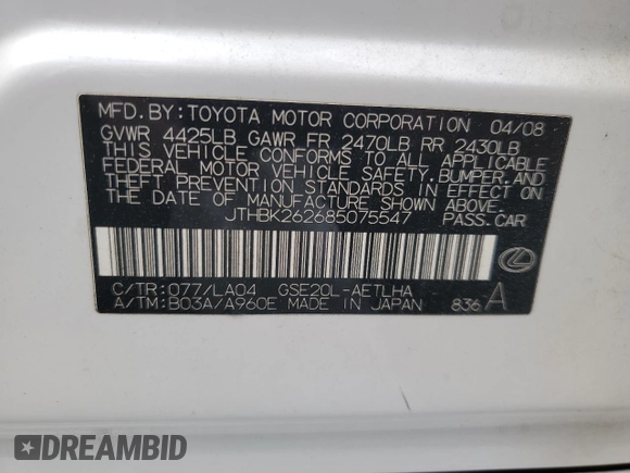 2008 Lexus IS with VIN JTHBK262685075547, listed as a Copart auction lot 52454725 with 140,289 mi miles and Salvage Title. Bid and sale history available at carsss.com. Image 13.