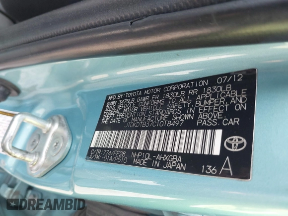 2012 Toyota Prius One with VIN JTDKDTB37C1018497, listed as a IAAI auction lot 42073988 with 167,648 mi miles. Bid and sale history available at carsss.com. Image 9.