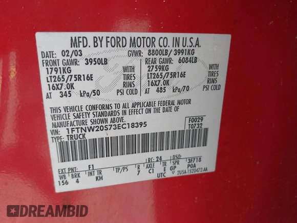 2003 Ford F-250 XL с VIN 1FTNW20S73EC18395, выставлен на аукционе IAAI как лот 42343481 с пробегом 151 832 миль миль и . История ставок и продаж доступна на DreamBid. Изображение 9.