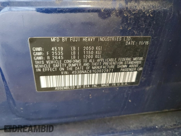 2016 Subaru Legacy Premium with VIN 4S3BNAC61G3022971, listed as a Copart auction lot 61741035 with 123,099 mi miles and Salvage title. Bid and sale history available at DreamBid. Image 12.